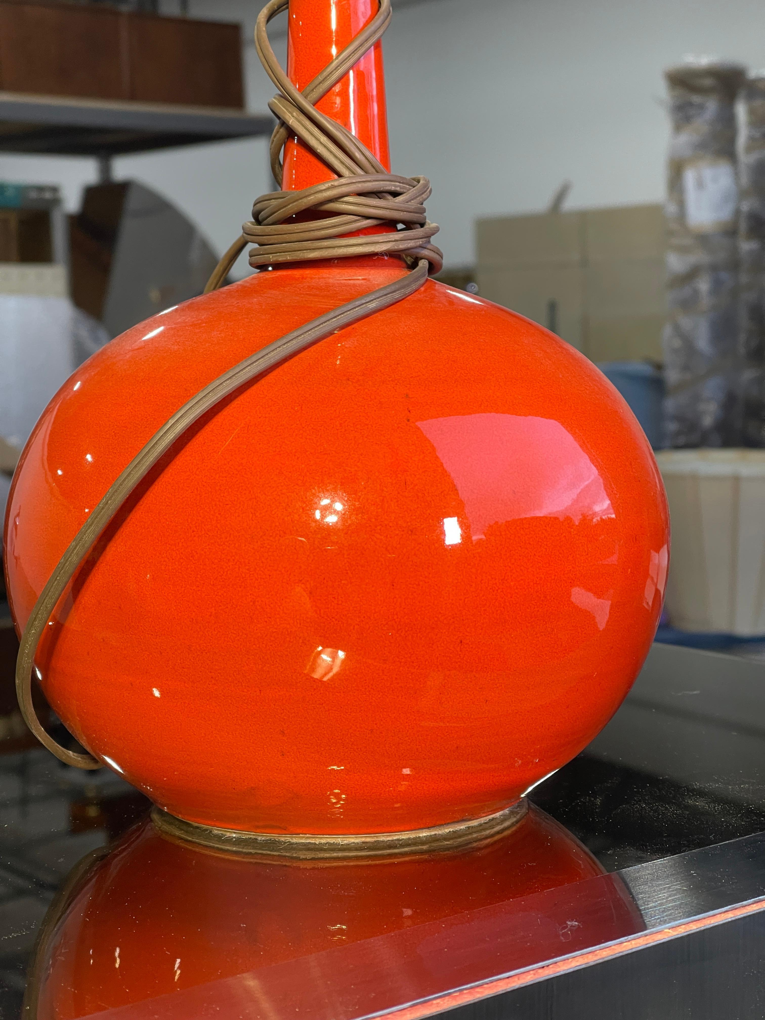 Pair of 1960s Orange Glazed Ceramic Table Lamps 1