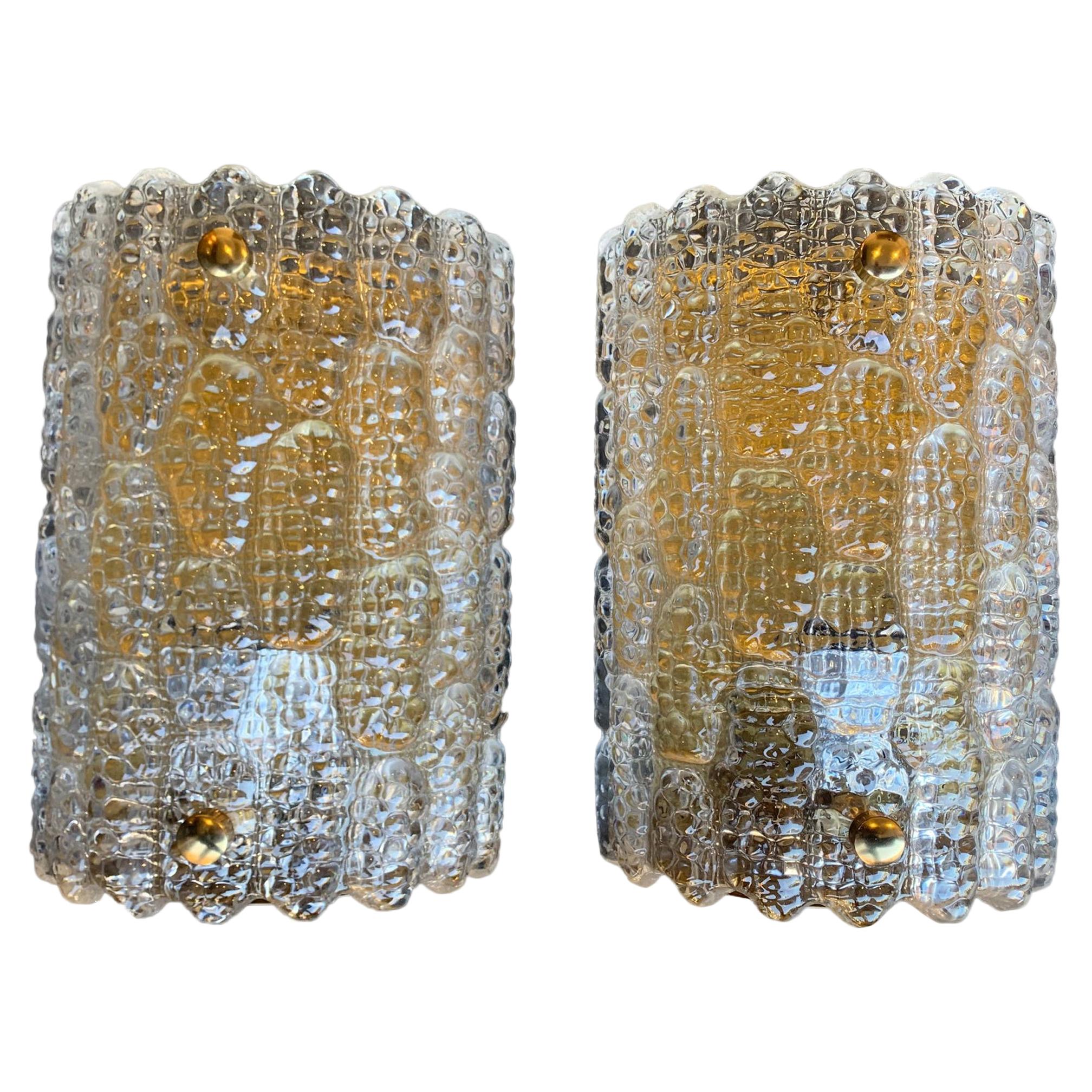 Pair of 1960s Orrefors Glass and Brass Wall Sconces by Carl Fagerlund