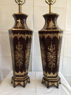 Pair of 1960s Painted Brass and Inlayed Anglo-India Style Lamps