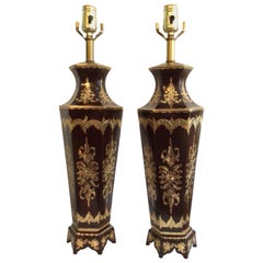 Vintage Pair of 1960s Painted Brass and Inlayed Anglo-India Style Lamps