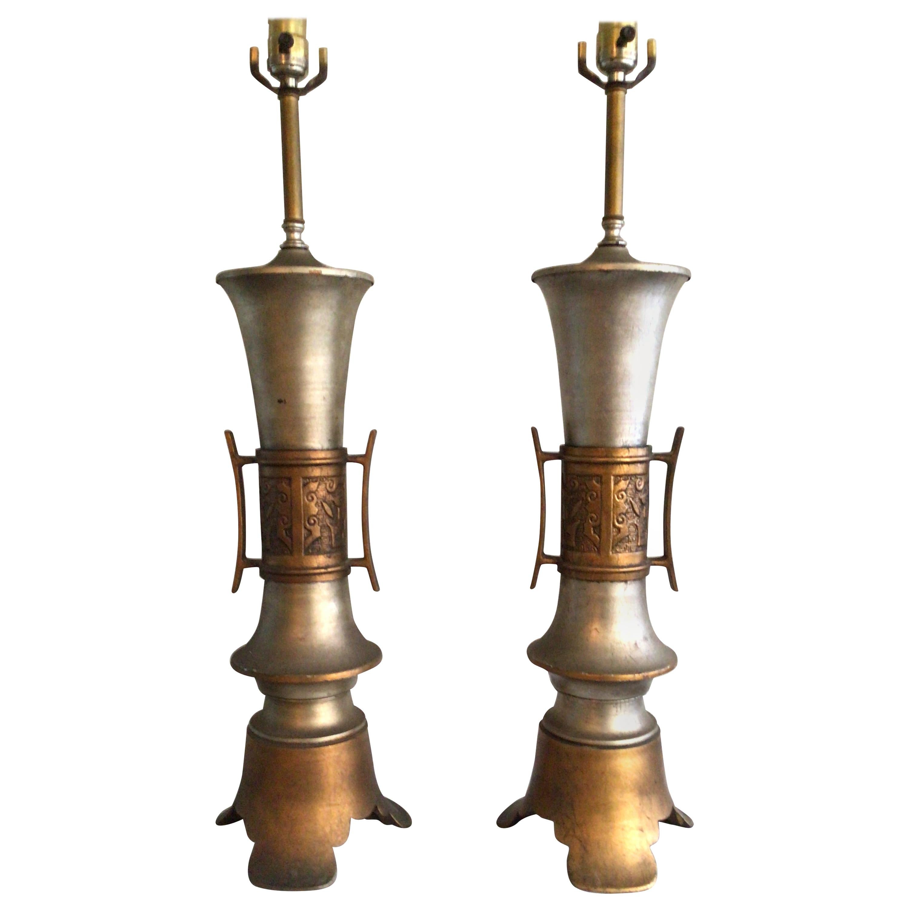 Pair of 1960s Painted Metal and Brass Asian Style Lamps For Sale