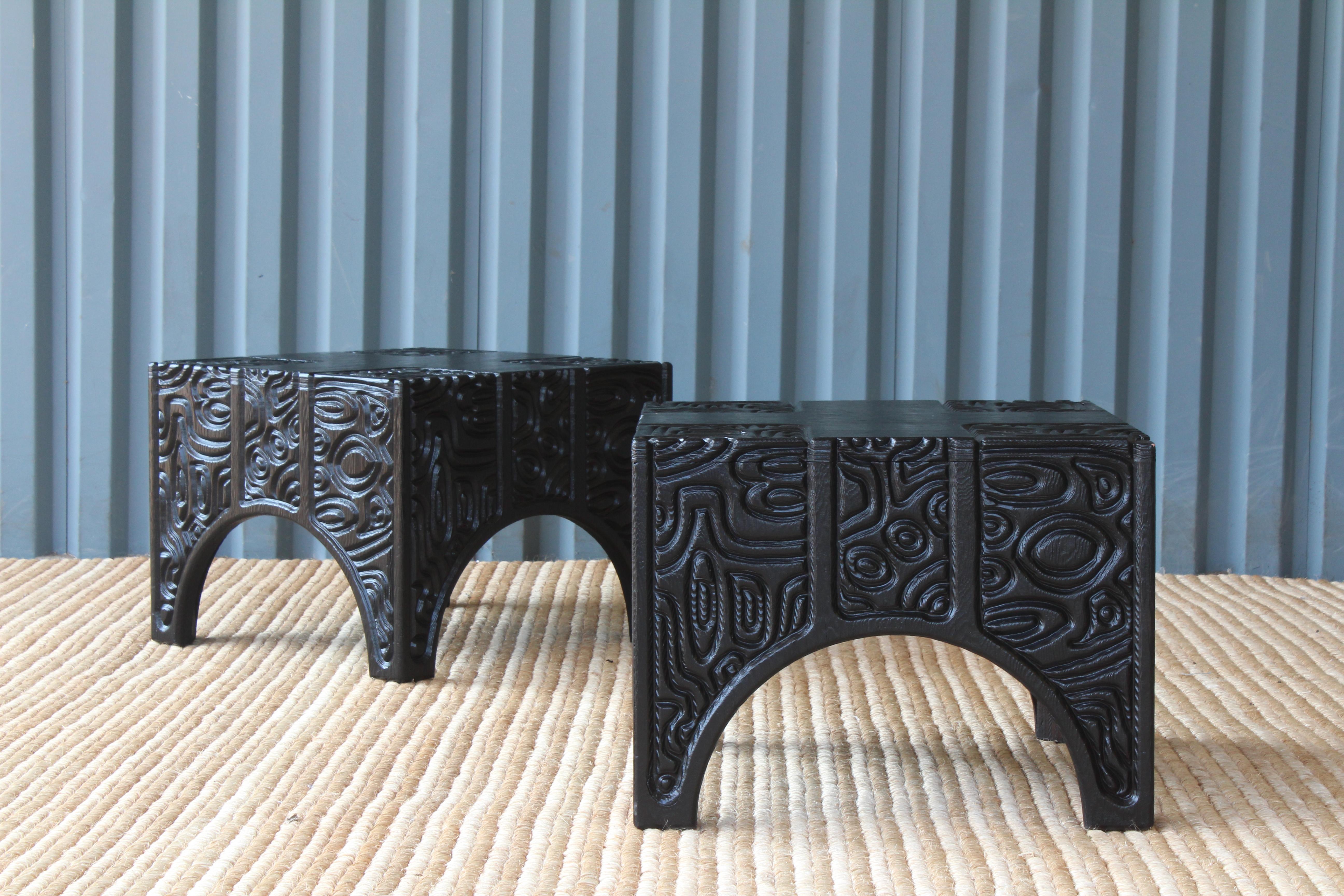 Mid-Century Modern Pair of 1960s Panel Carved End Tables by Sherrill Broudy, in the Style of Witco