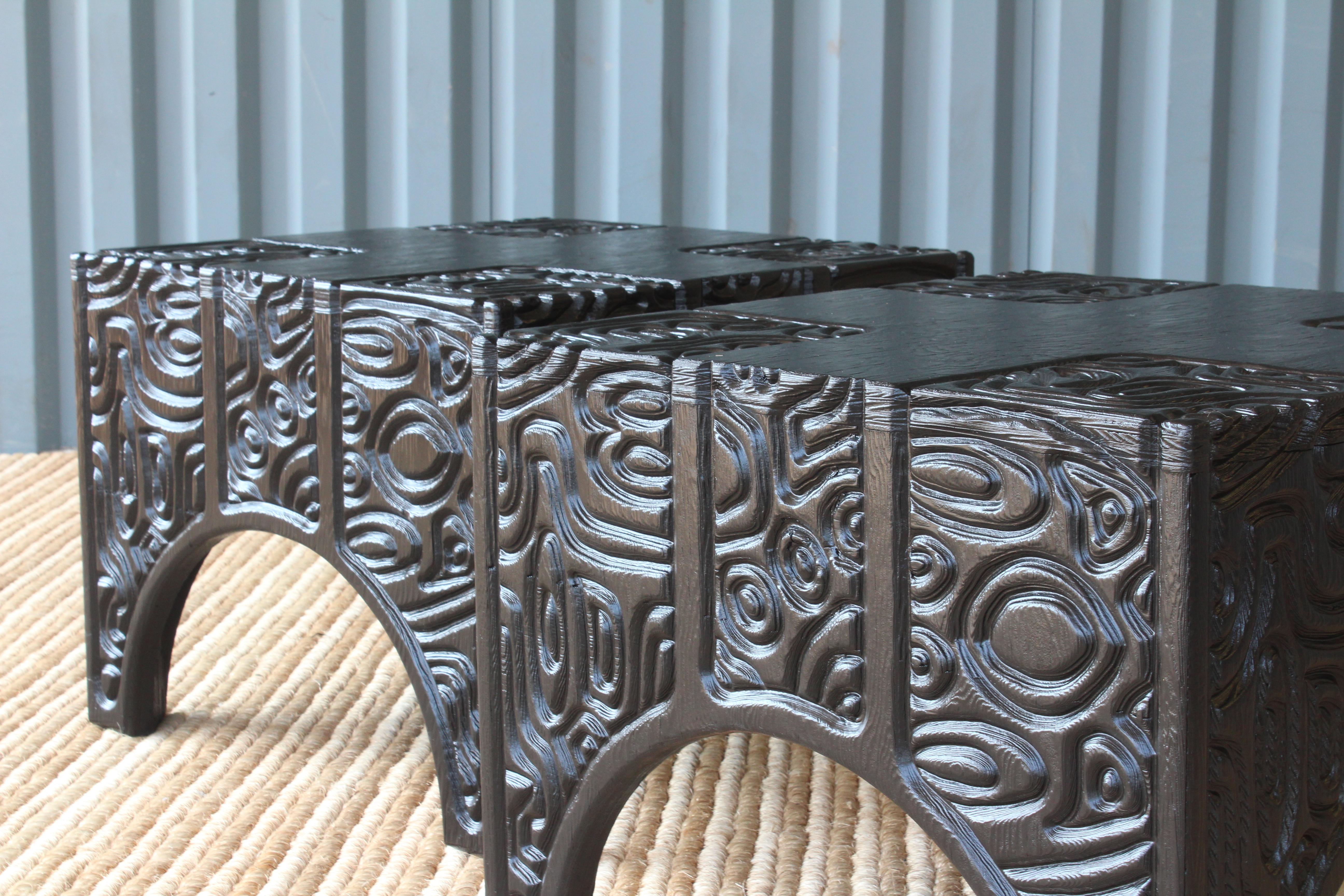 American Pair of 1960s Panel Carved End Tables by Sherrill Broudy, in the Style of Witco