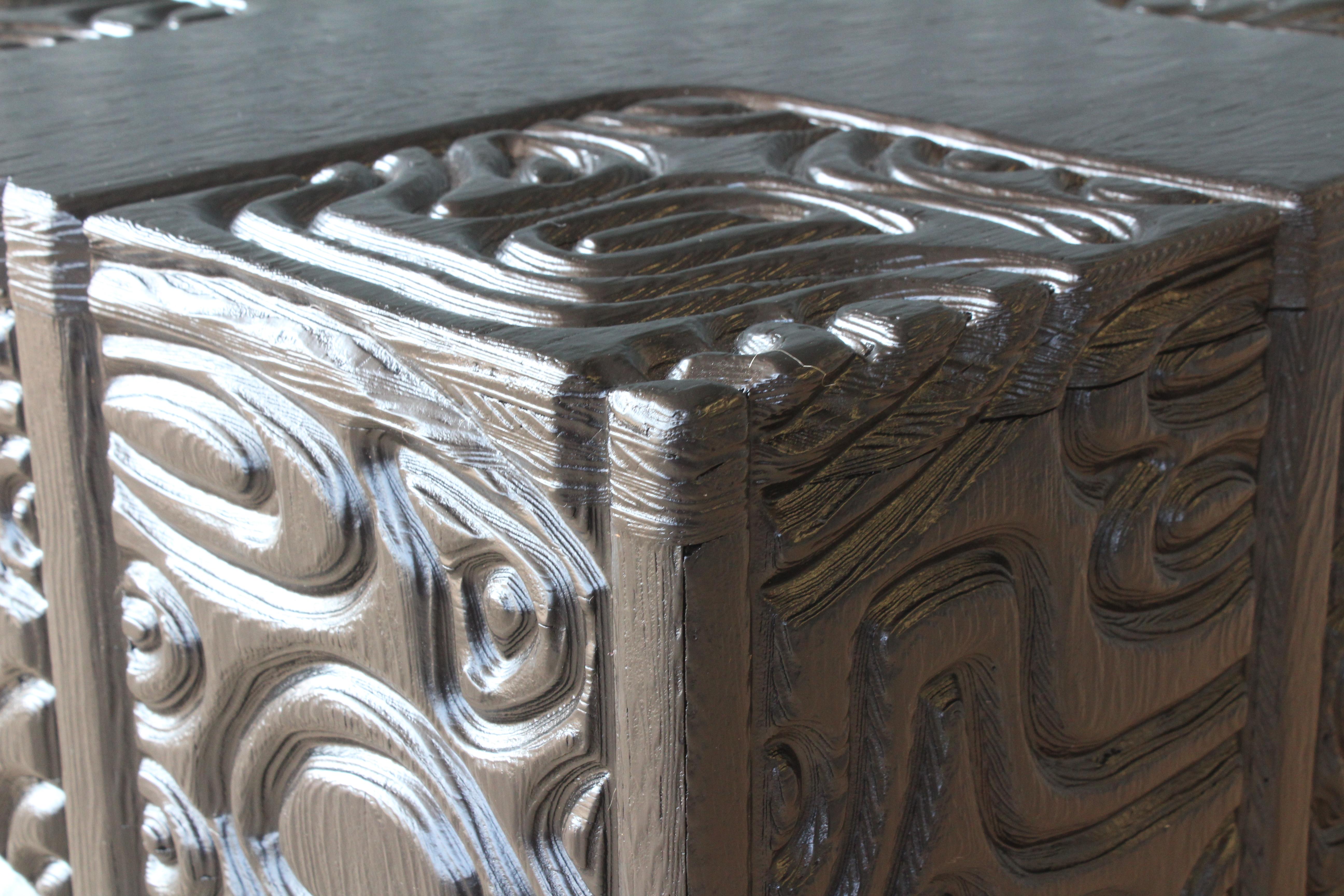 Pair of 1960s Panel Carved End Tables by Sherrill Broudy, in the Style of Witco 1