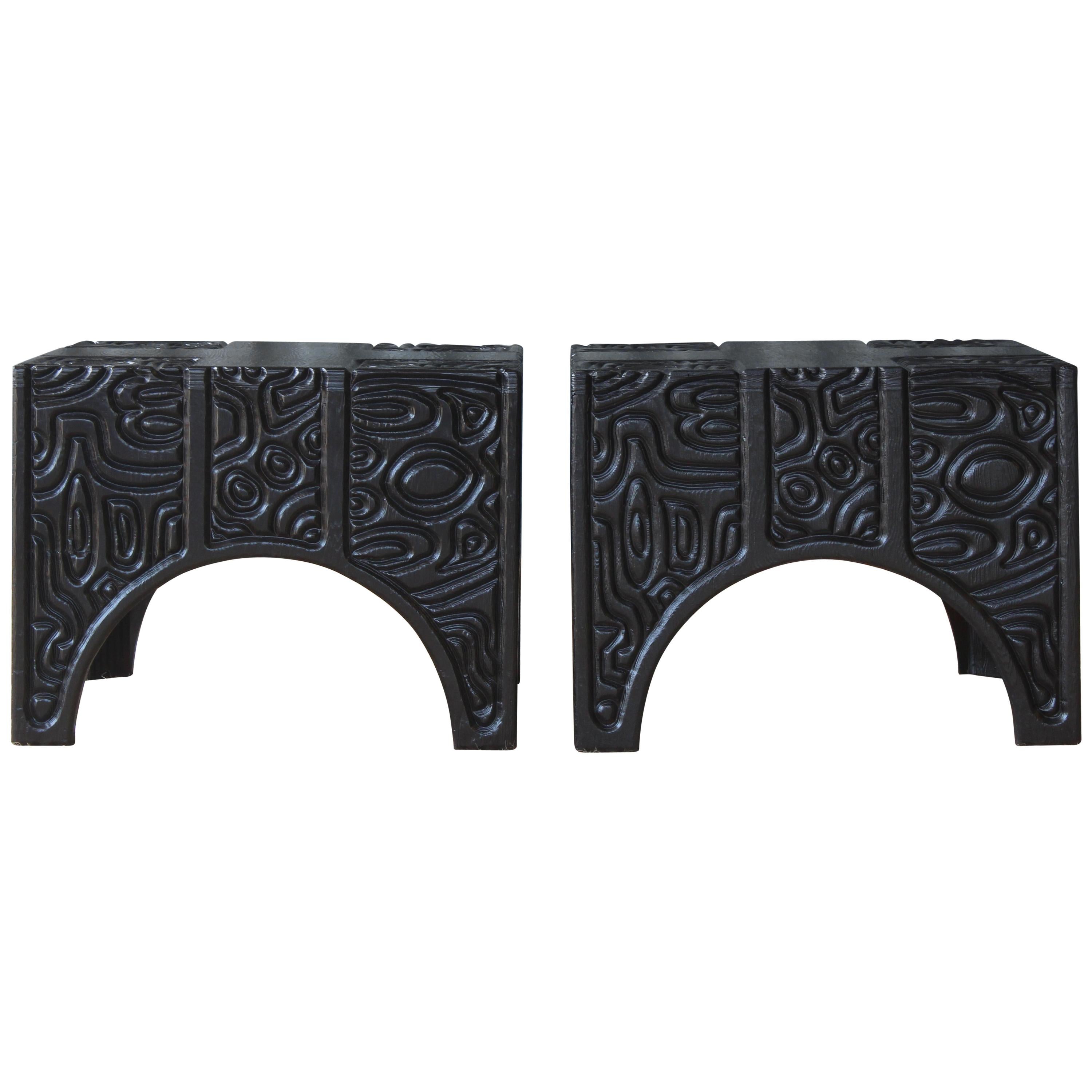 Pair of 1960s Panel Carved End Tables by Sherrill Broudy, in the Style of Witco