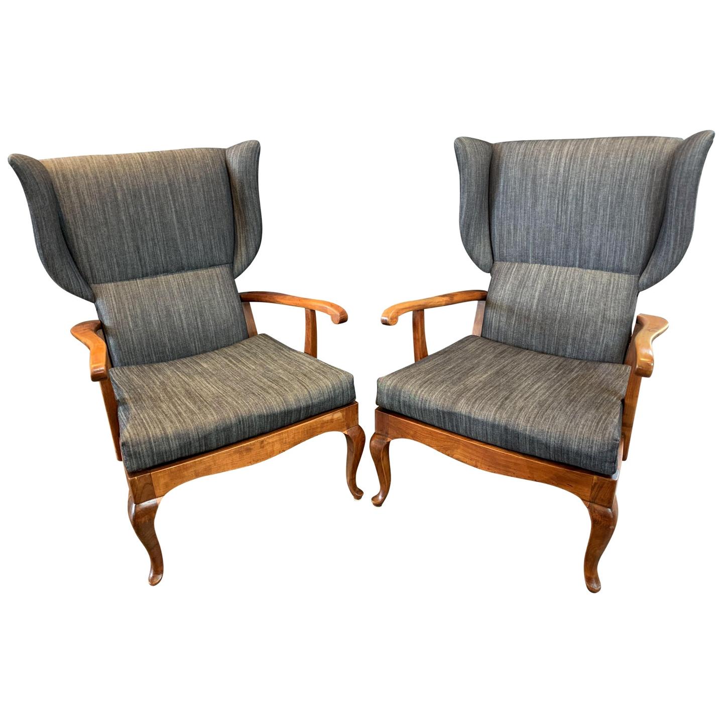 Pair of 1960s Paolo Buffa Walnut and Denim Wingback Chairs For Sale