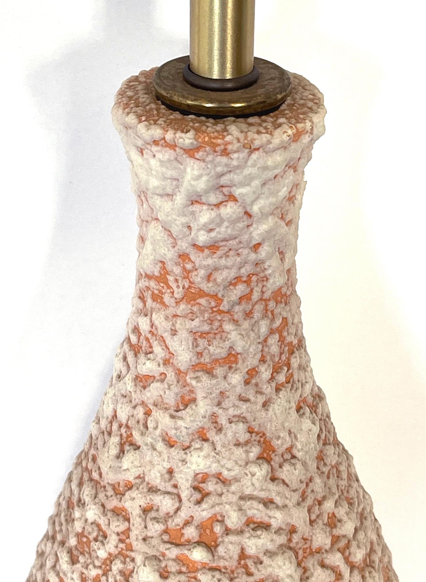 Pair of 1960's Peach and White Lava Glaze Bottle-Form Lamps In Good Condition For Sale In San Francisco, CA