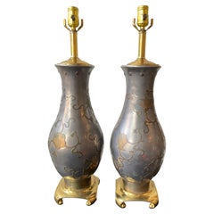 Pair Of 1960s Pewter And Brass Floral Lamps