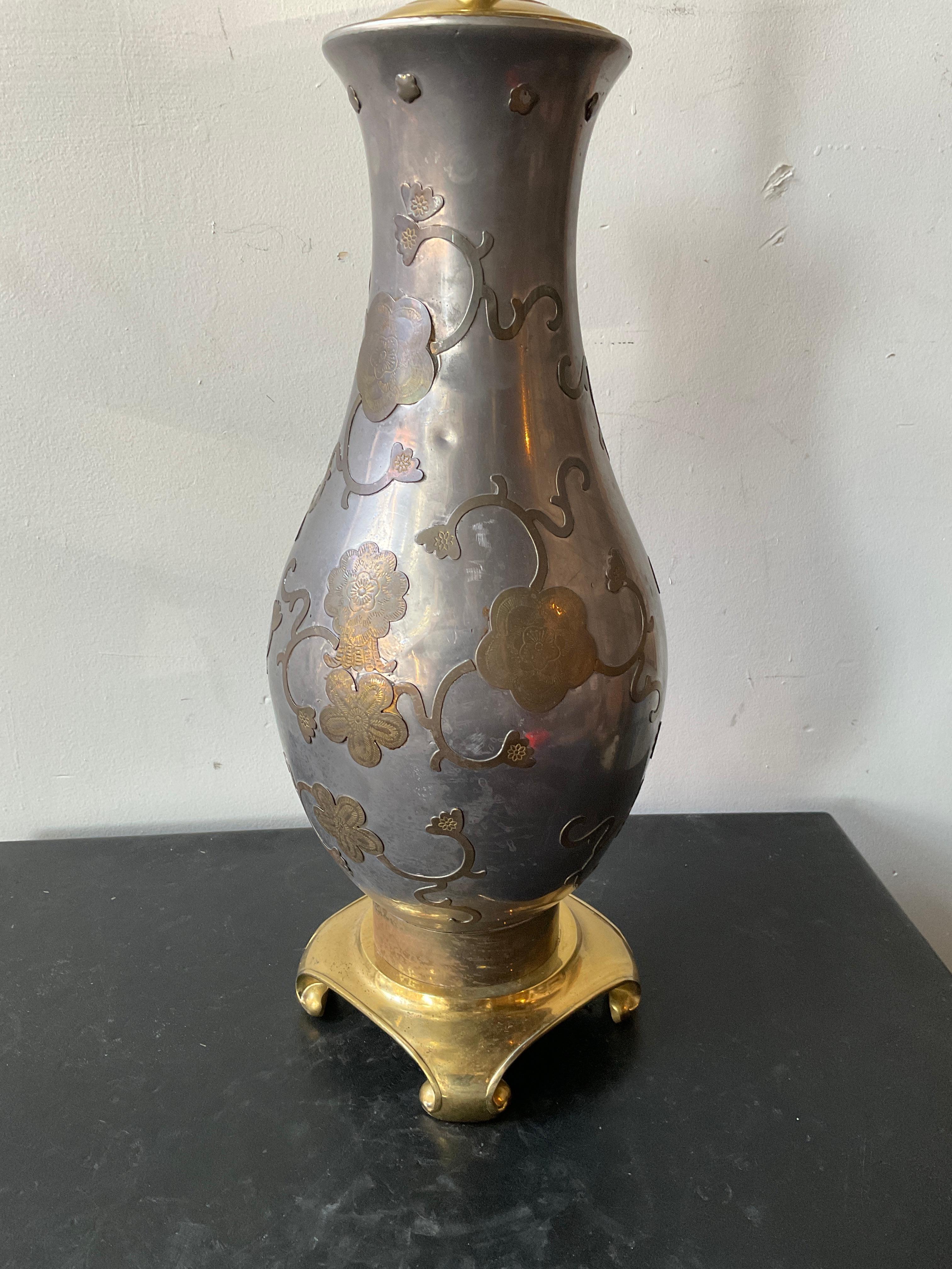 Pair Of 1960s Pewter And Brass Floral Lamps For Sale 1