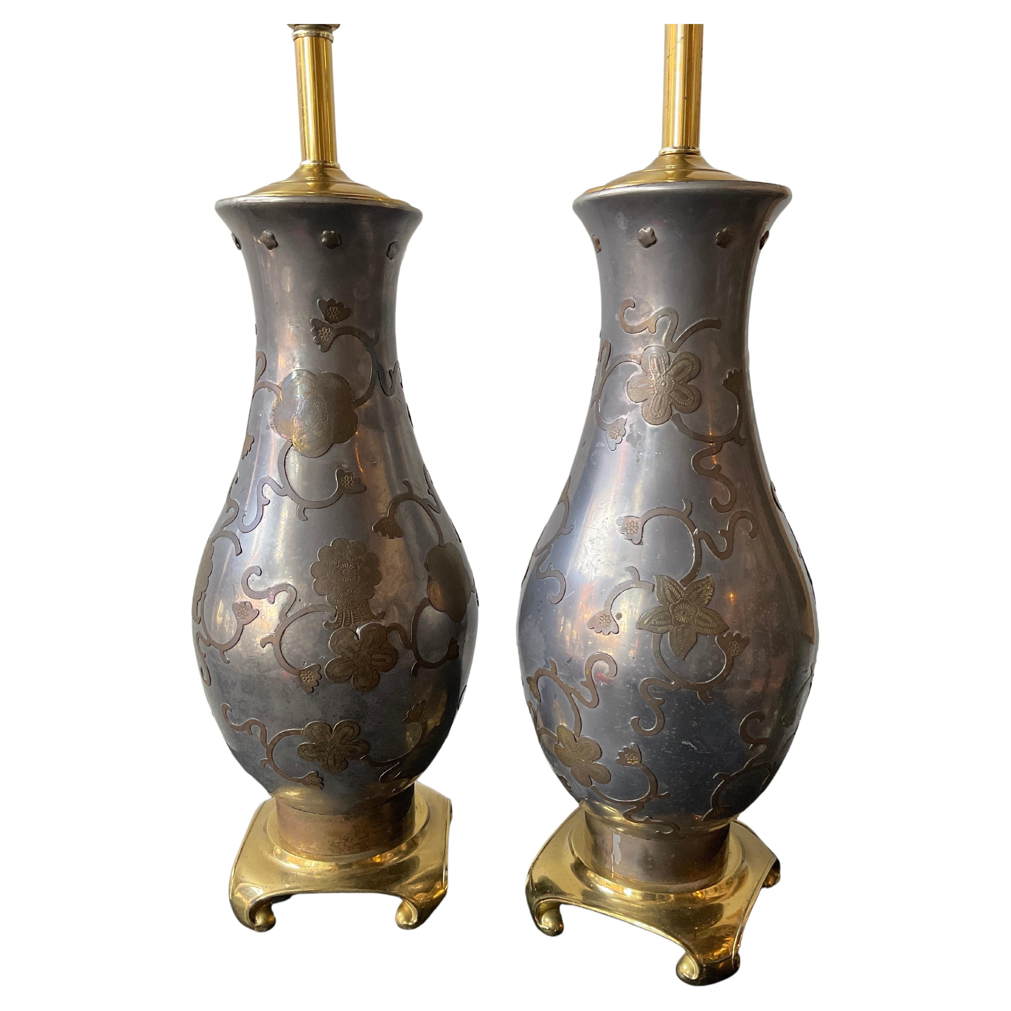 Pair Of 1960s Pewter And Brass Floral Lamps For Sale