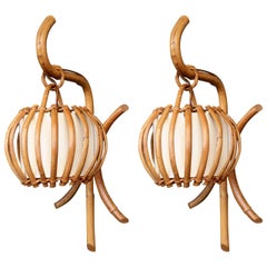 Vintage Pair of 1960s Rattan "Lantern" Sconces Attributed to Louis Sognot