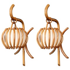 Vintage Pair of 1960s Rattan "Lantern" Sconces Attributed to Louis Sognot