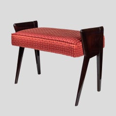 Pair of 1960s red cheque fabric upholstery ebony wood stools by Ico Parisi