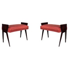 Pair of 1960s red cheque fabric upholstery ebony wood stools by Ico Parisi