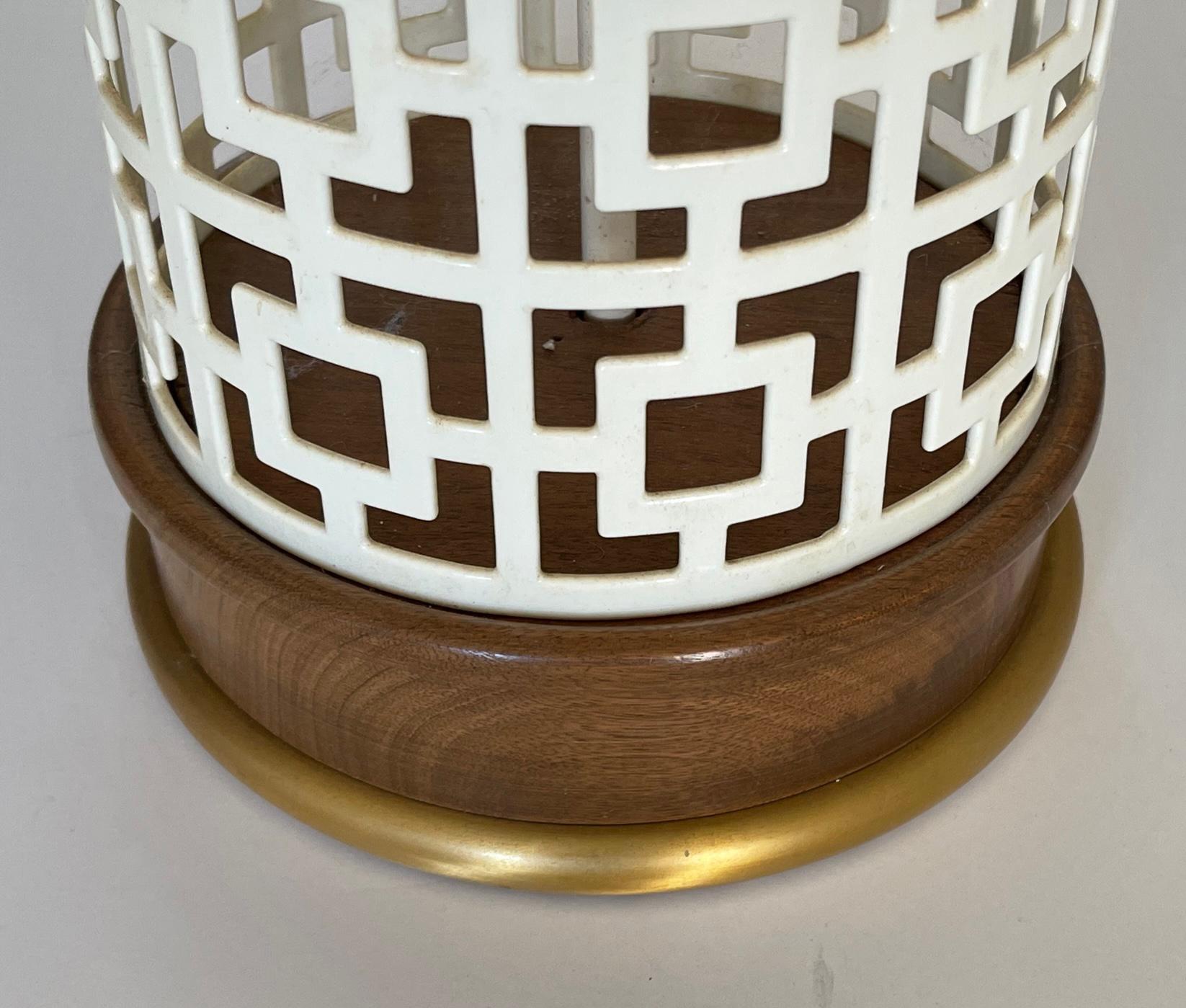 Modern Pair of 1960's Reticulated Ivory Enameled-Metal Cylindrical-form Lamps  For Sale
