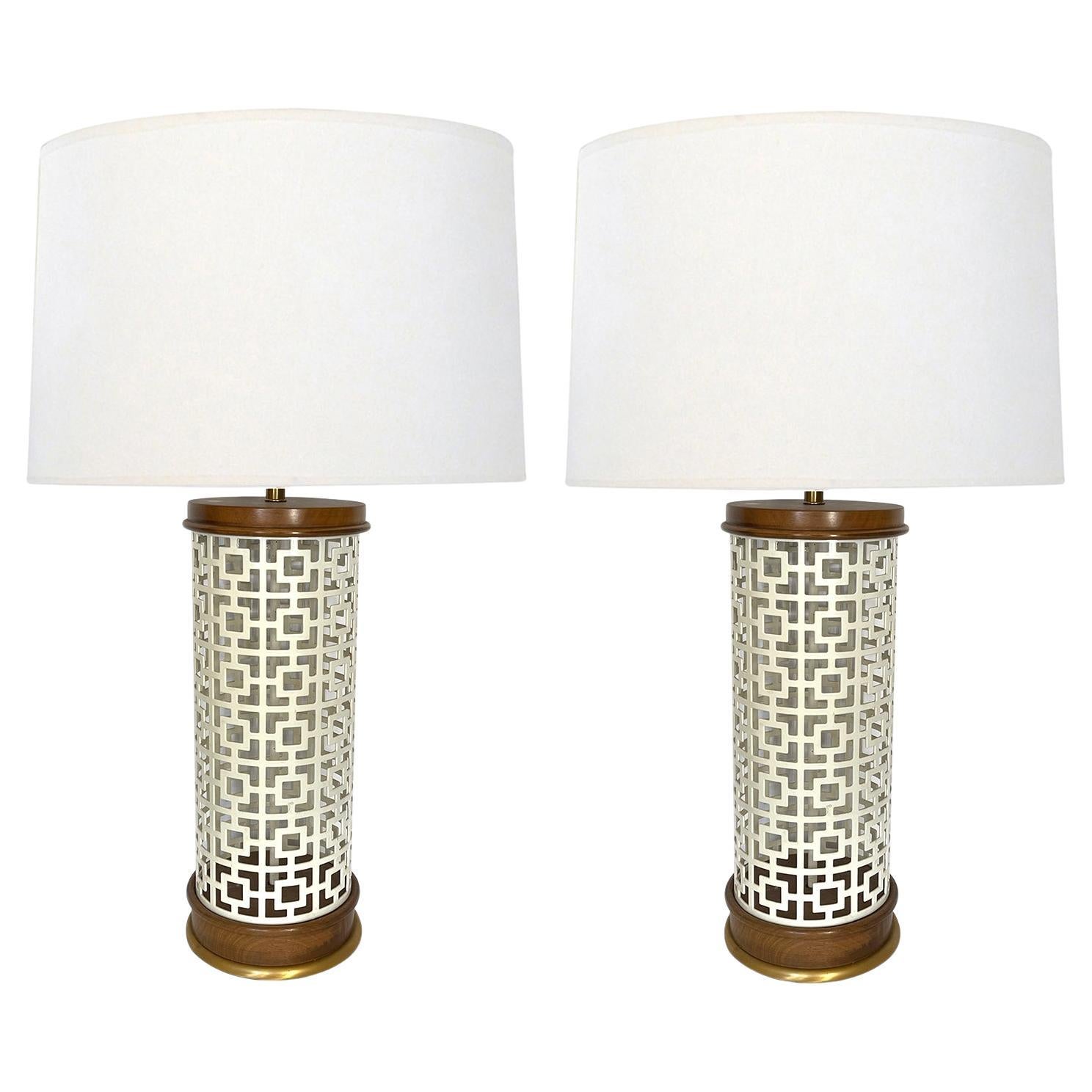 Pair of 1960's Reticulated Ivory Enameled-Metal Cylindrical-form Lamps  For Sale