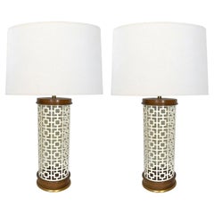 Vintage Pair of 1960's Reticulated Ivory Enameled-Metal Cylindrical-form Lamps 