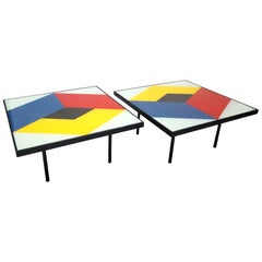 Pair of 1960s Reverse Painted Glass Geometric Abstract Coffee Tables