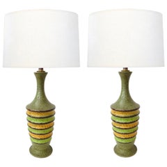 Pair of 1960s Ribbed Ovoid-Form Lamps with Green Textured Glaze