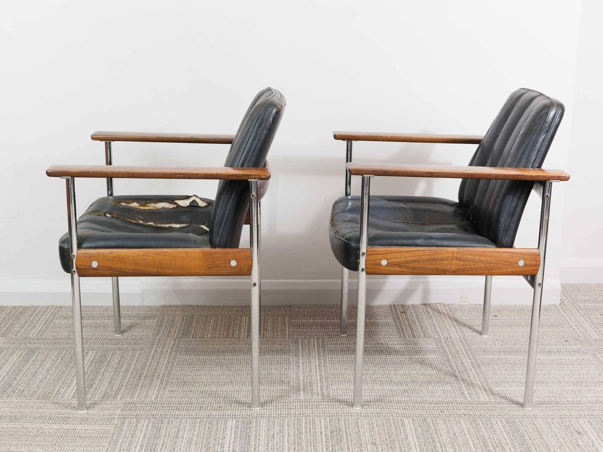 Mid-Century Modern Pair of 1960s Rosewood Leather Chrome Armchairs by Sven Ivar Dysthe for Dokka