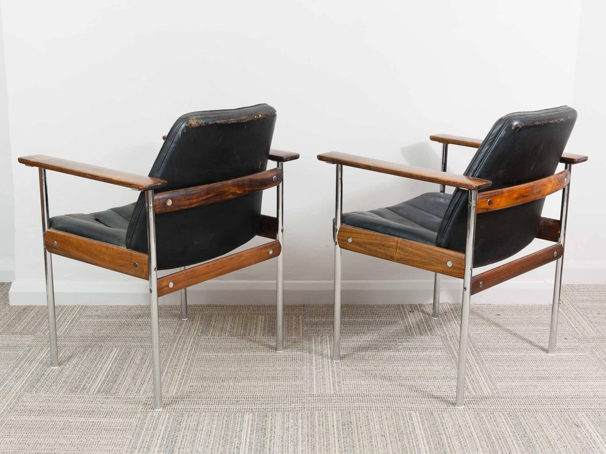 Norwegian Pair of 1960s Rosewood Leather Chrome Armchairs by Sven Ivar Dysthe for Dokka