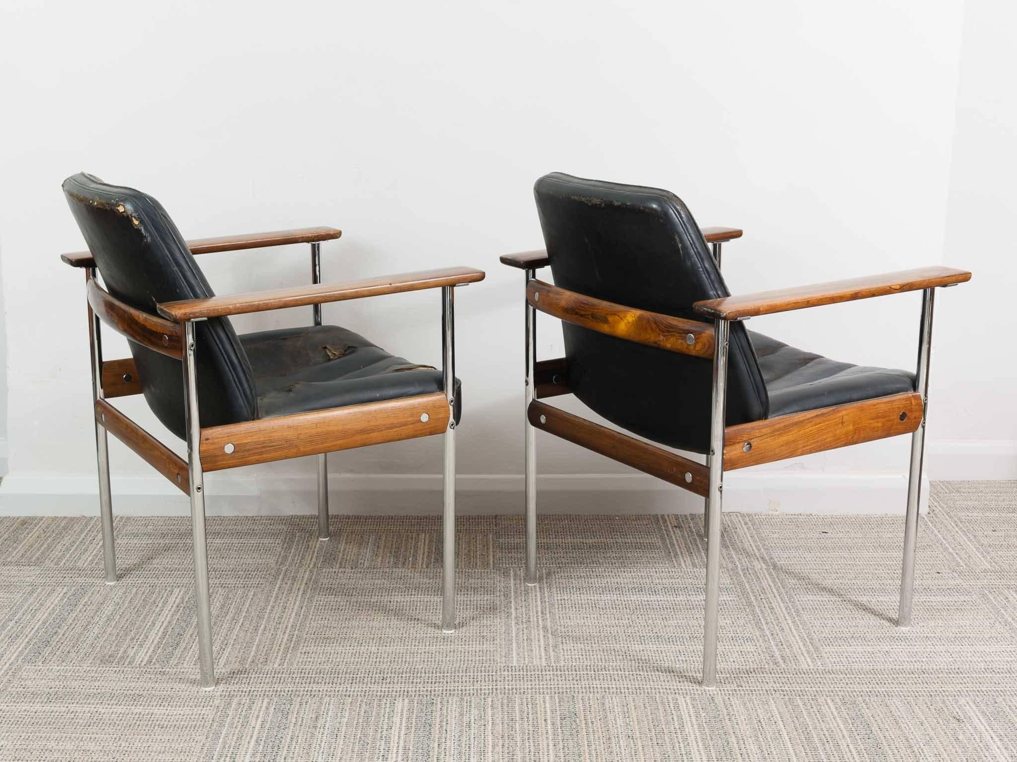 20th Century Pair of 1960s Rosewood Leather Chrome Armchairs by Sven Ivar Dysthe for Dokka