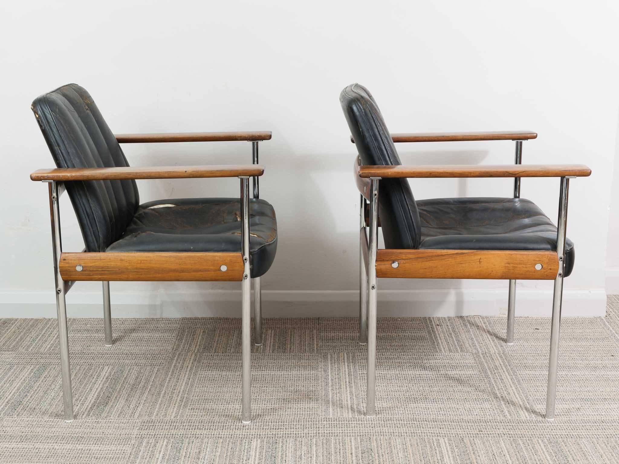 Pair of 1960s Rosewood Leather Chrome Armchairs by Sven Ivar Dysthe for Dokka 1