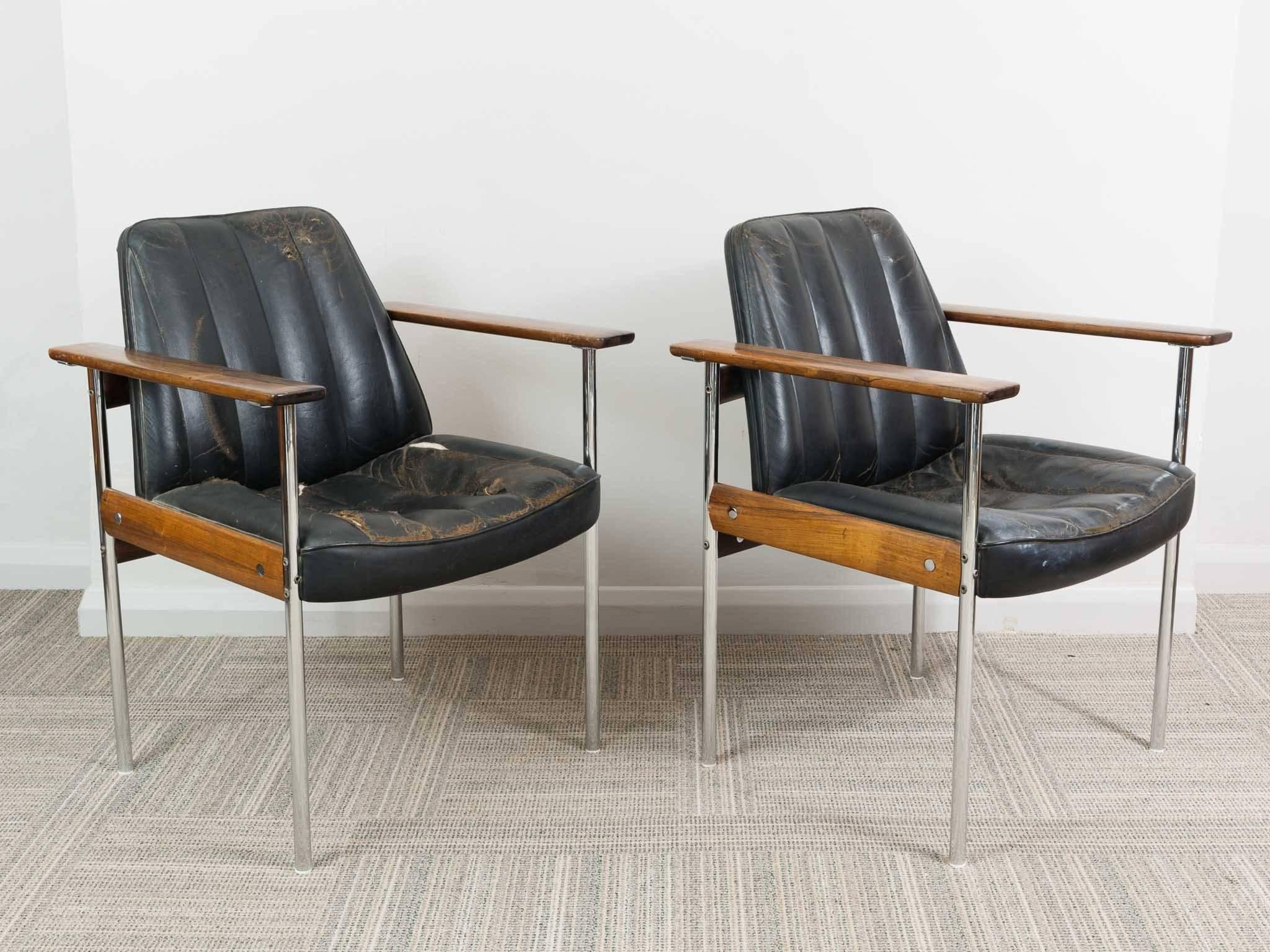 Pair of 1960s Rosewood Leather Chrome Armchairs by Sven Ivar Dysthe for Dokka 2