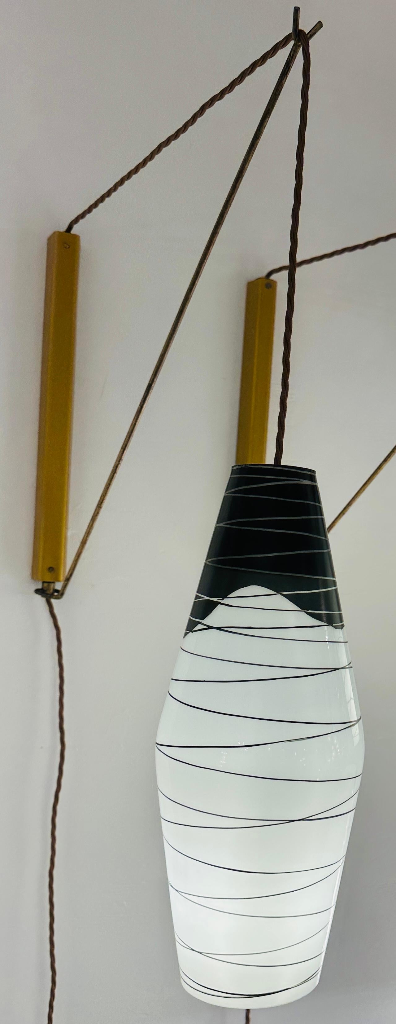 Pair of 1960s Rustic Czech Zukov Black & White Opaline Suspended Wall Lights 2