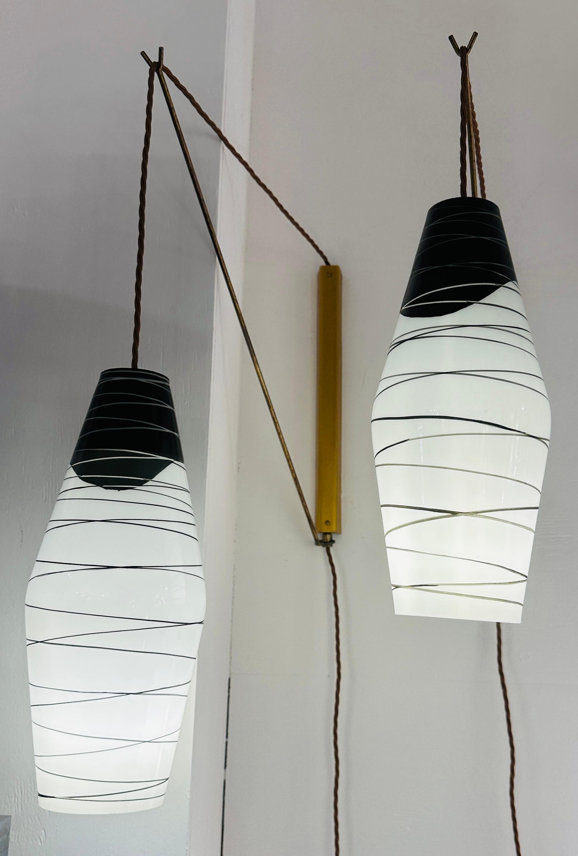 Hand-Painted Pair of 1960s Rustic Czech Zukov Black & White Opaline Suspended Wall Lights