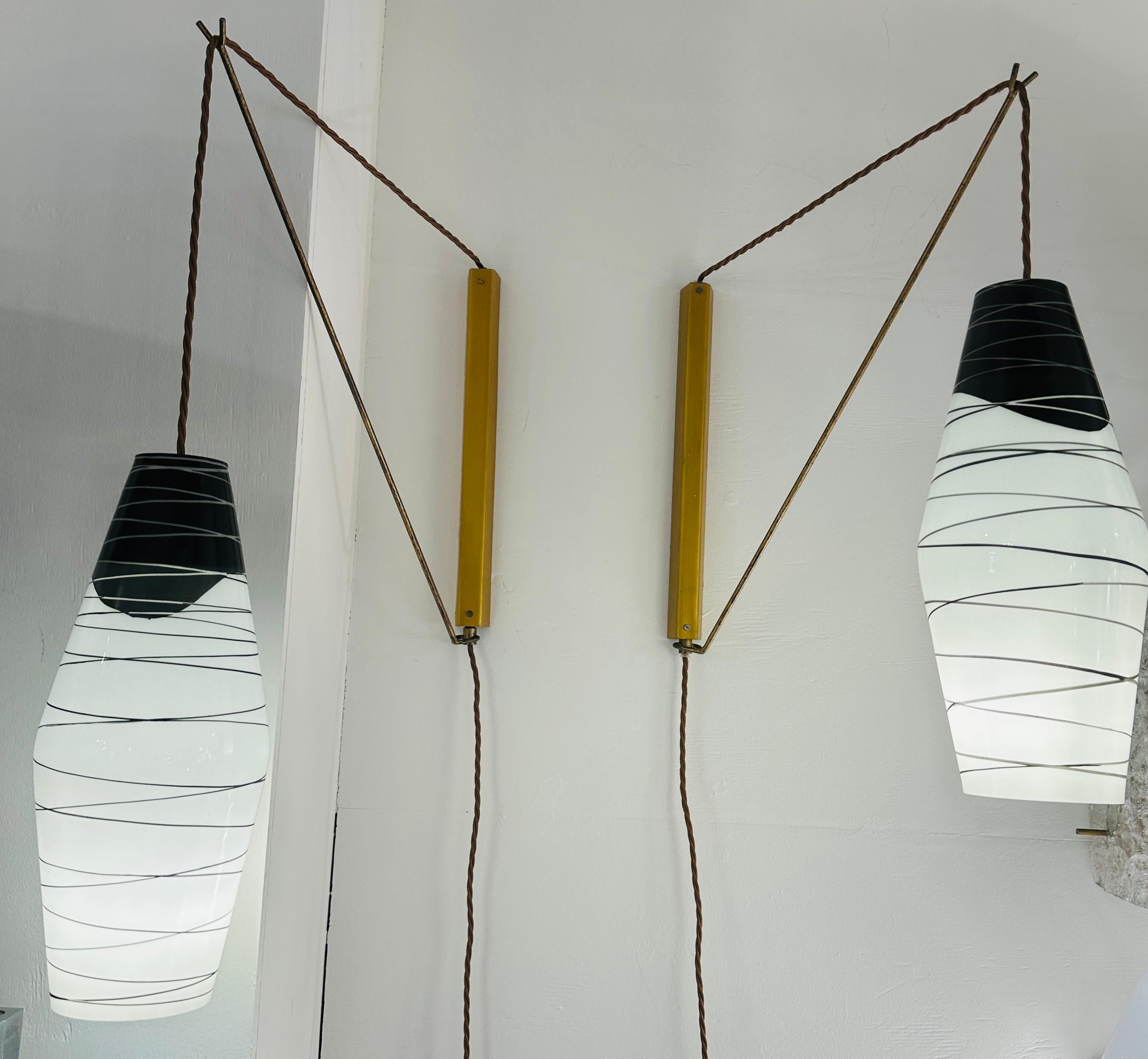 Pair of 1960s Rustic Czech Zukov Black & White Opaline Suspended Wall Lights In Fair Condition In London, England