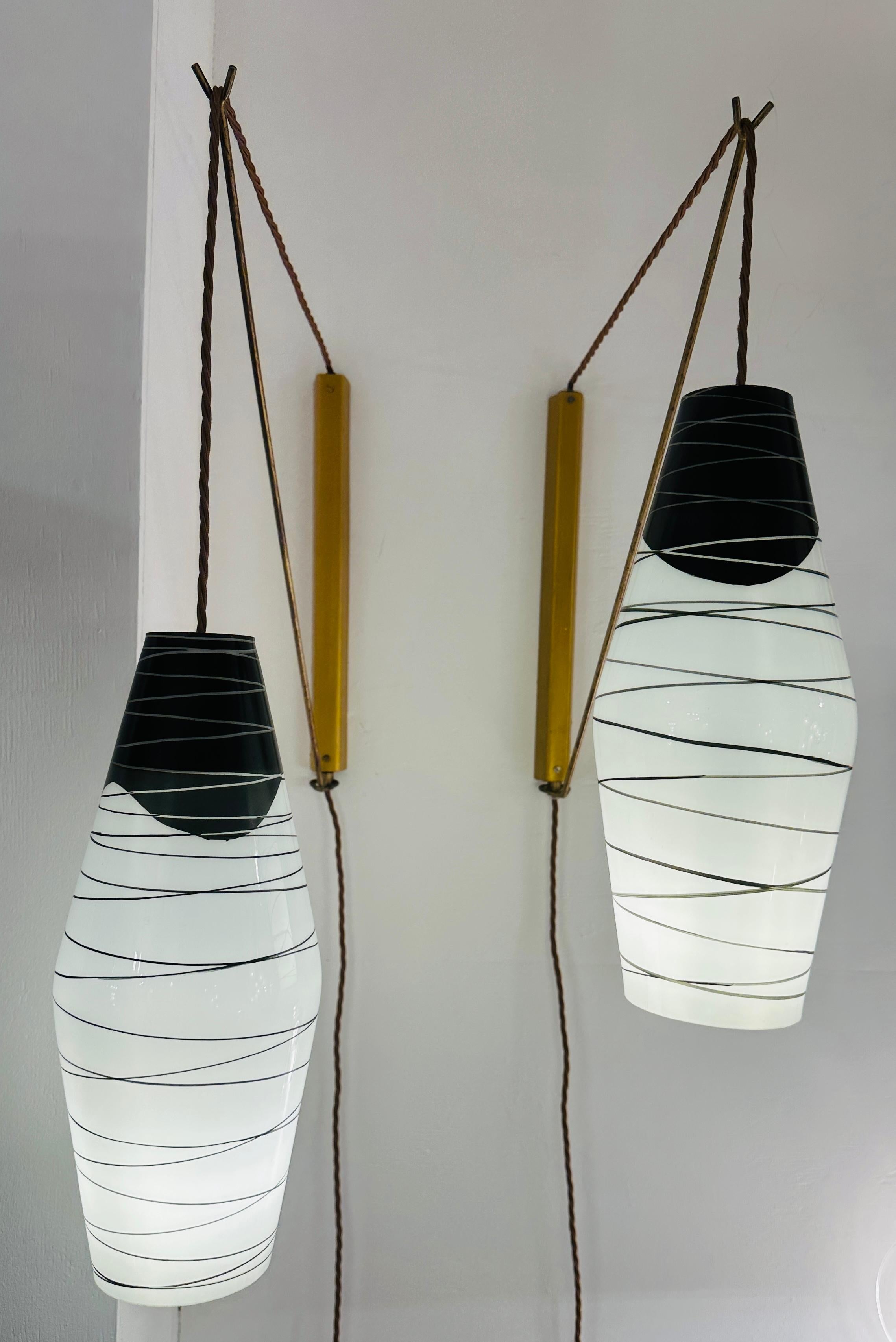 20th Century Pair of 1960s Rustic Czech Zukov Black & White Opaline Suspended Wall Lights