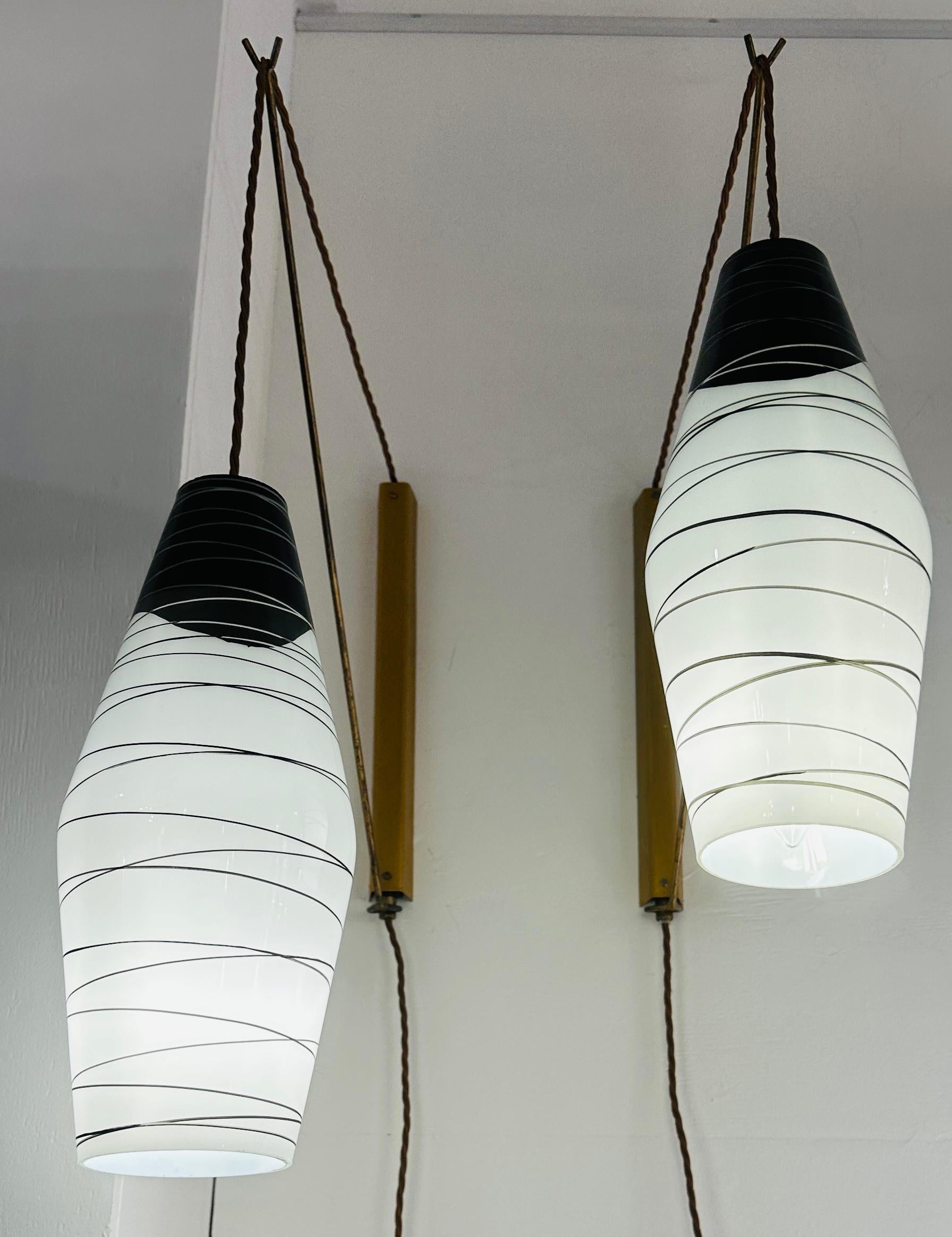 Metal Pair of 1960s Rustic Czech Zukov Black & White Opaline Suspended Wall Lights