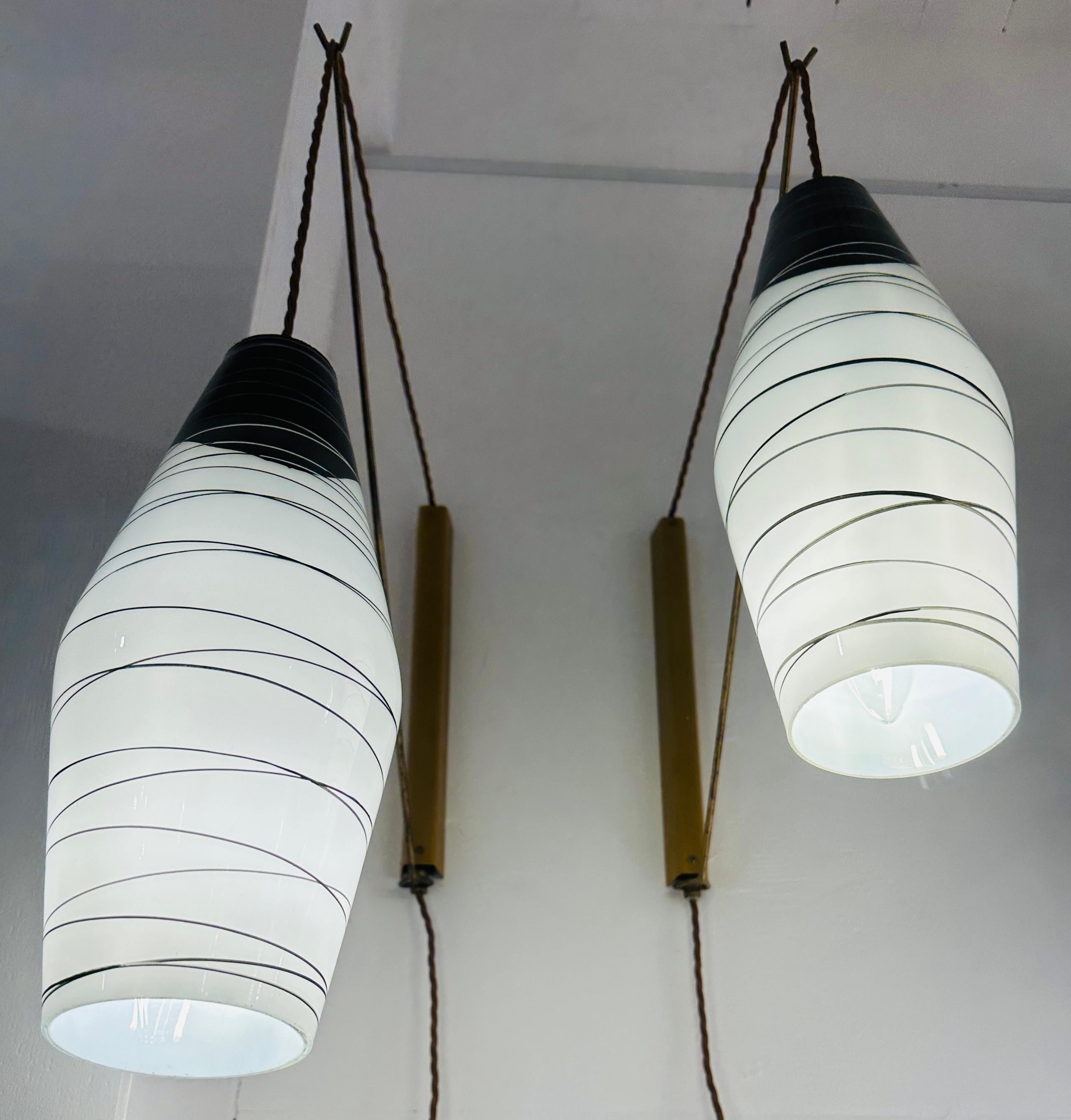 Pair of 1960s Rustic Czech Zukov Black & White Opaline Suspended Wall Lights 1