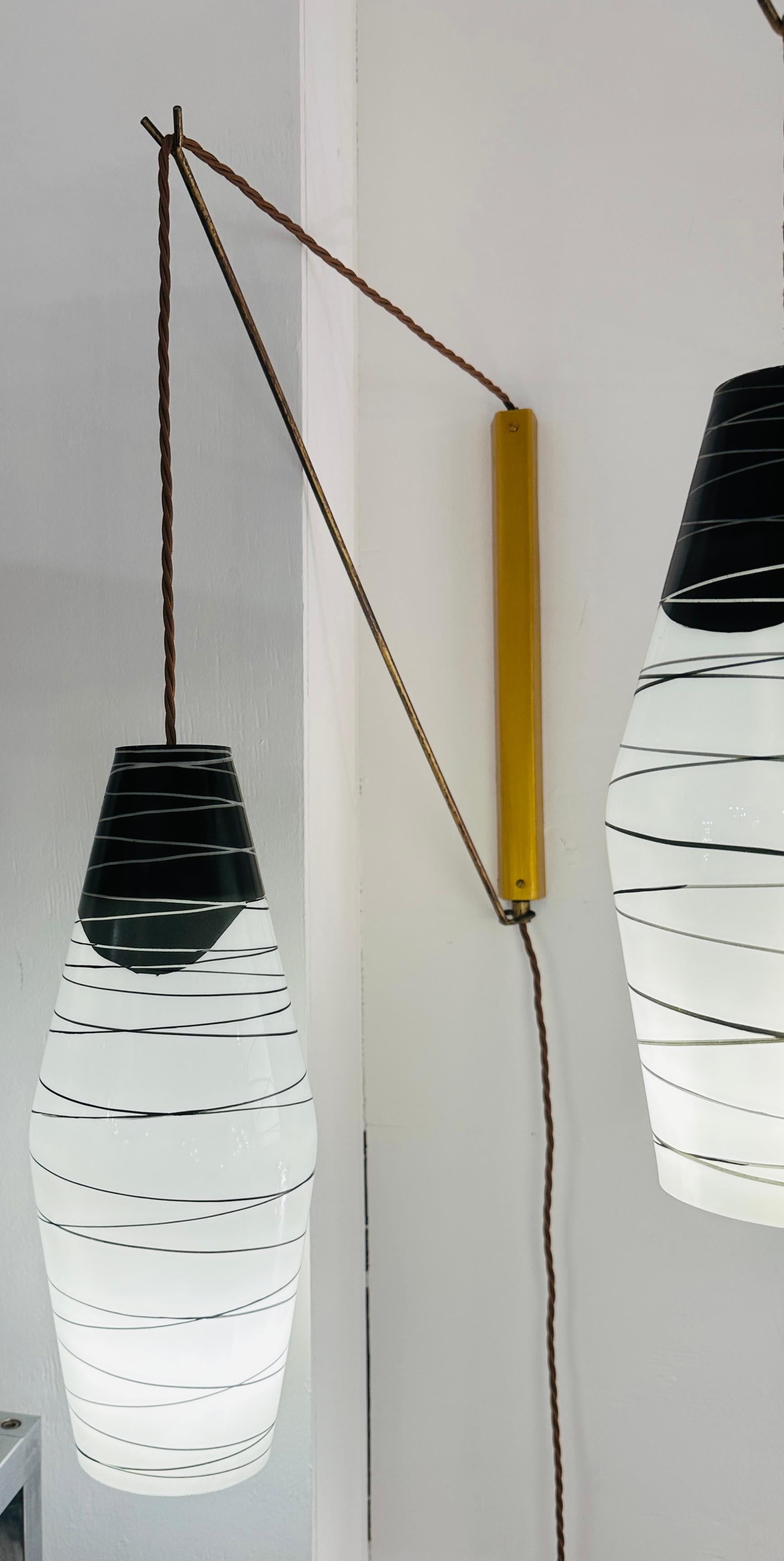 Pair of 1960s Rustic Czech Zukov Black & White Opaline Suspended Wall Lights 4
