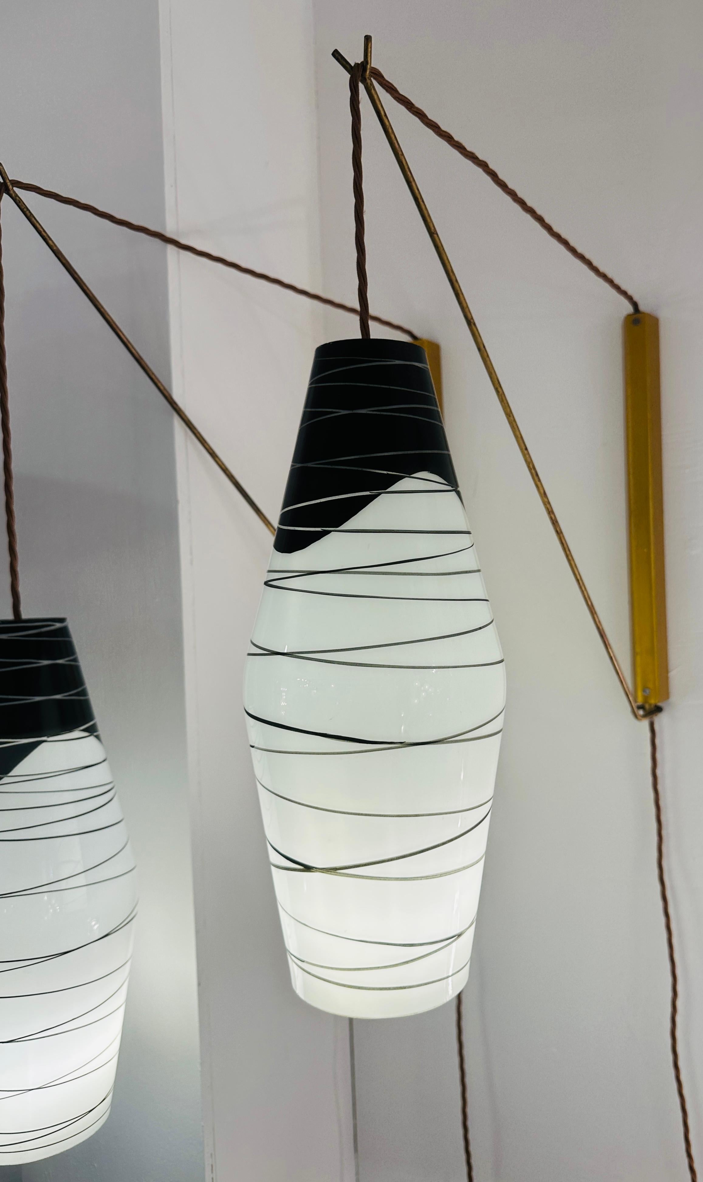 Pair of 1960s Rustic Czech Zukov Black & White Opaline Suspended Wall Lights 5