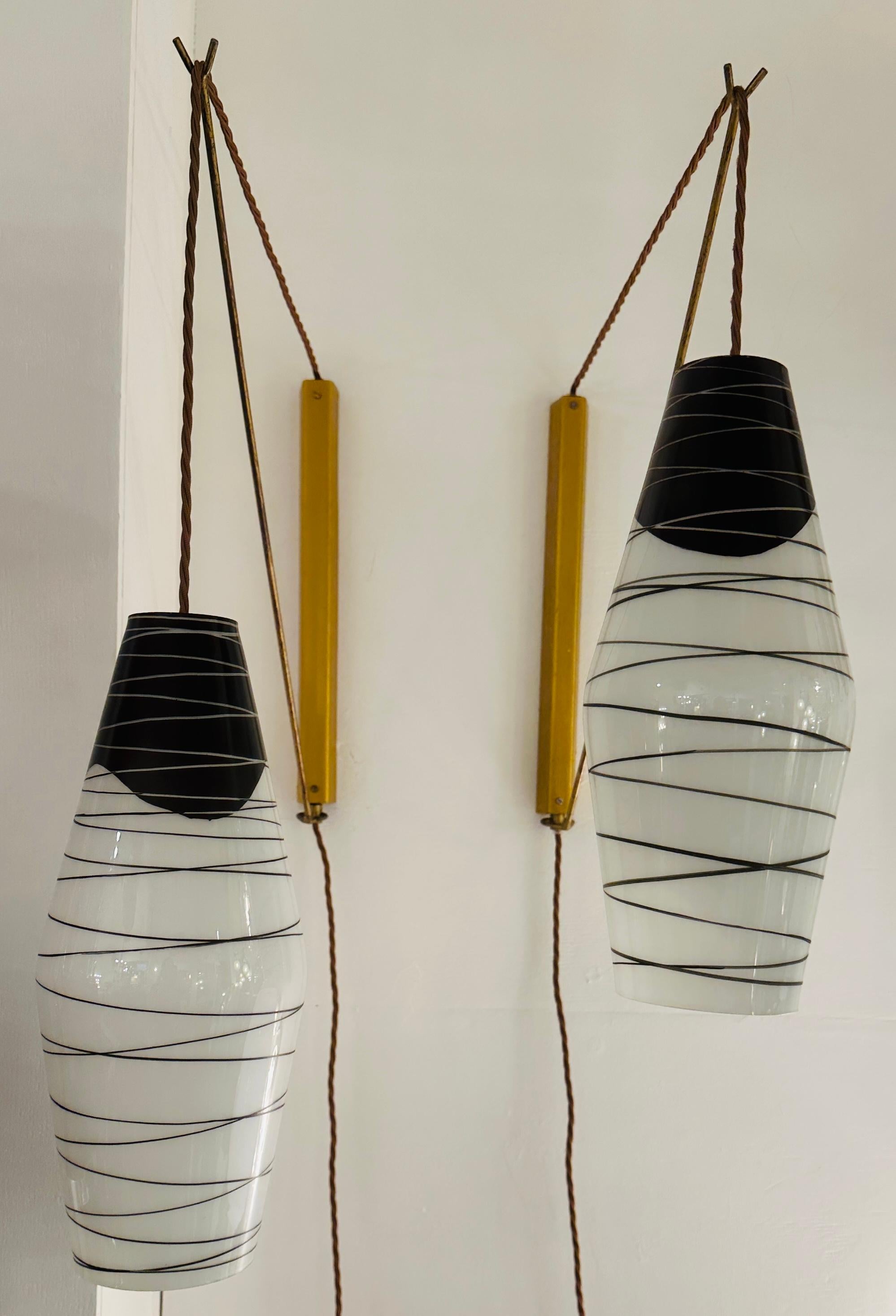 Pair of 1960s Rustic Czech Zukov Black & White Opaline Suspended Wall Lights 8