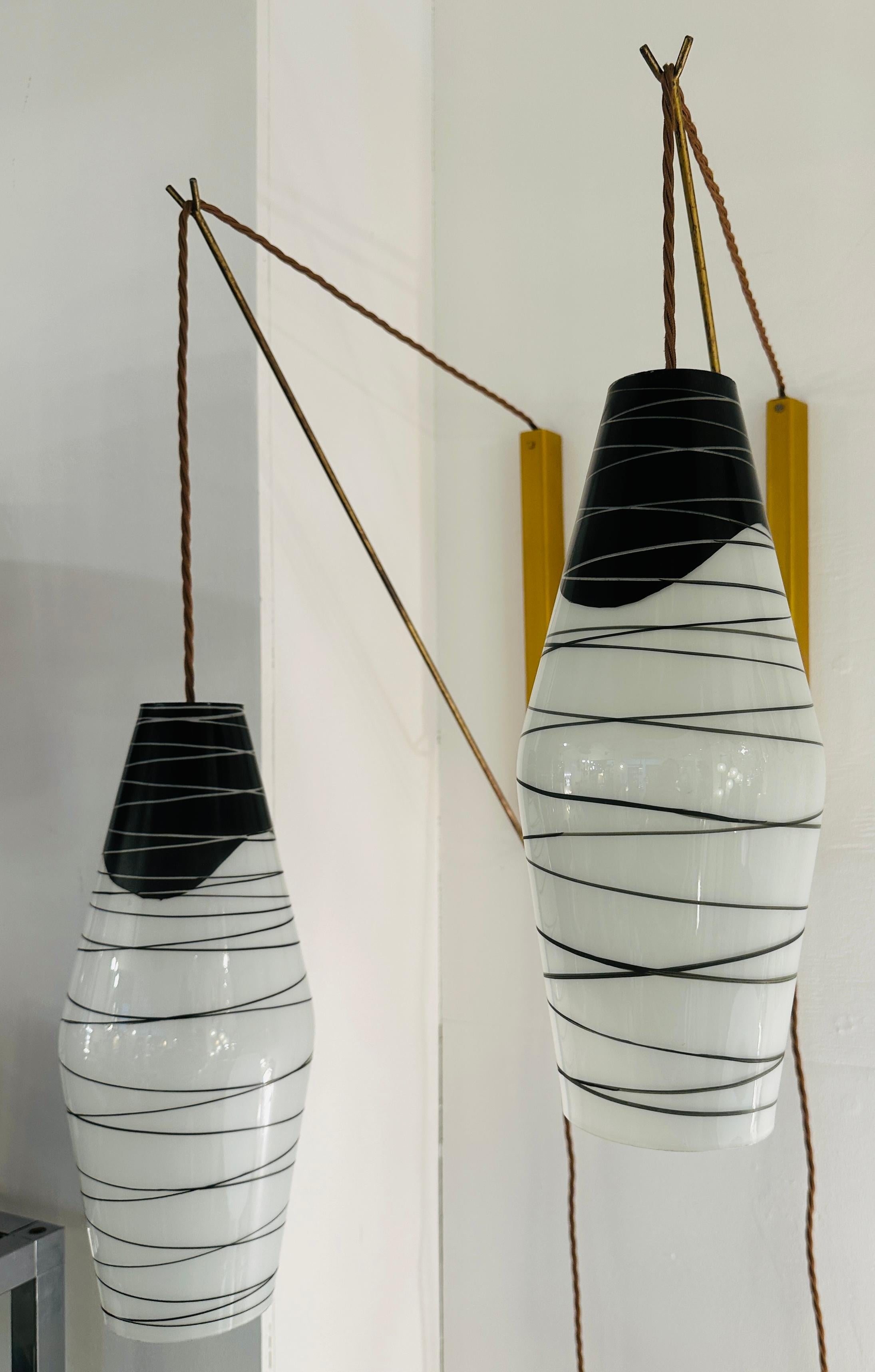 Pair of 1960s Rustic Czech Zukov Black & White Opaline Suspended Wall Lights 9
