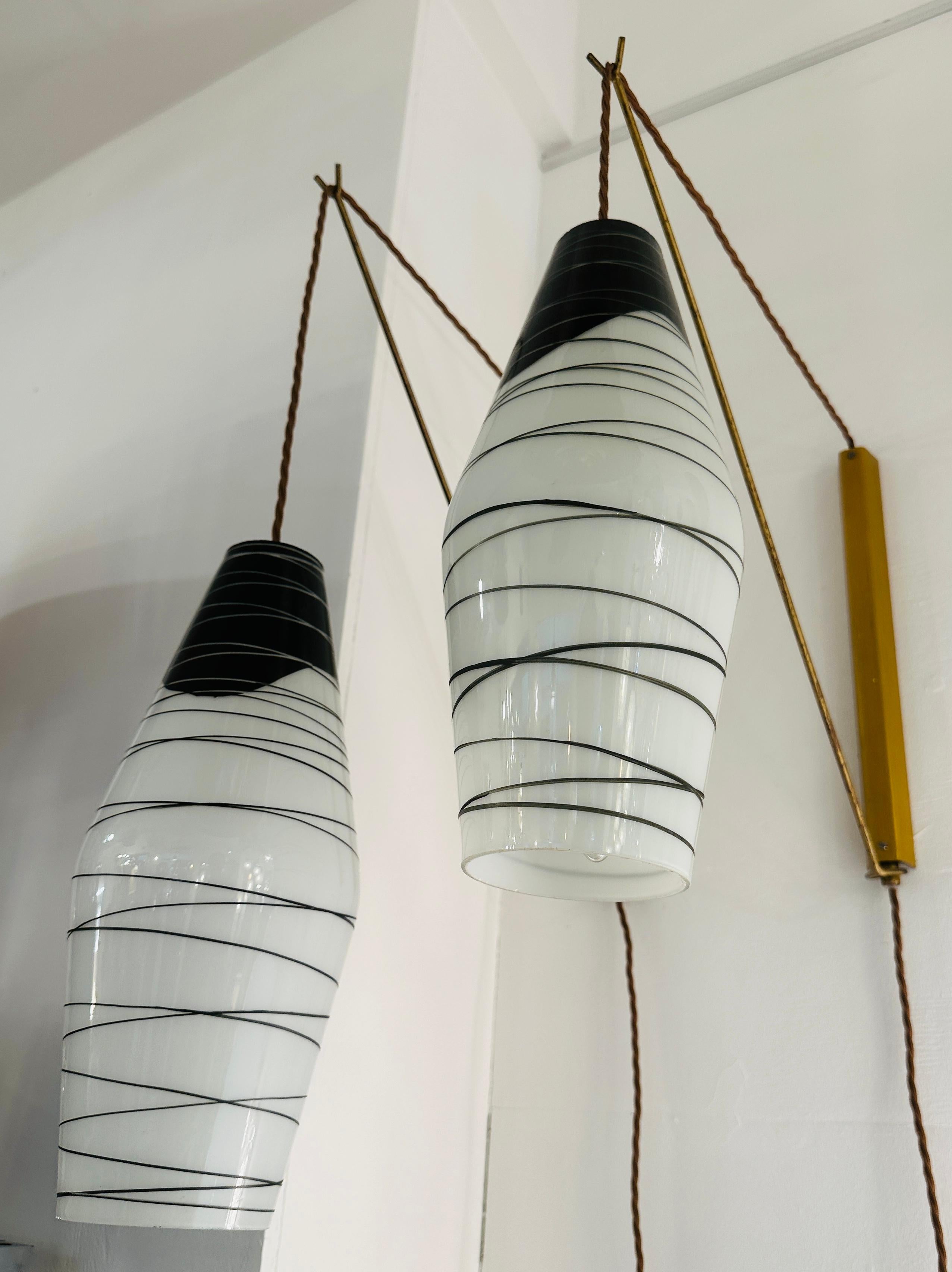 Pair of 1960s Rustic Czech Zukov Black & White Opaline Suspended Wall Lights 11