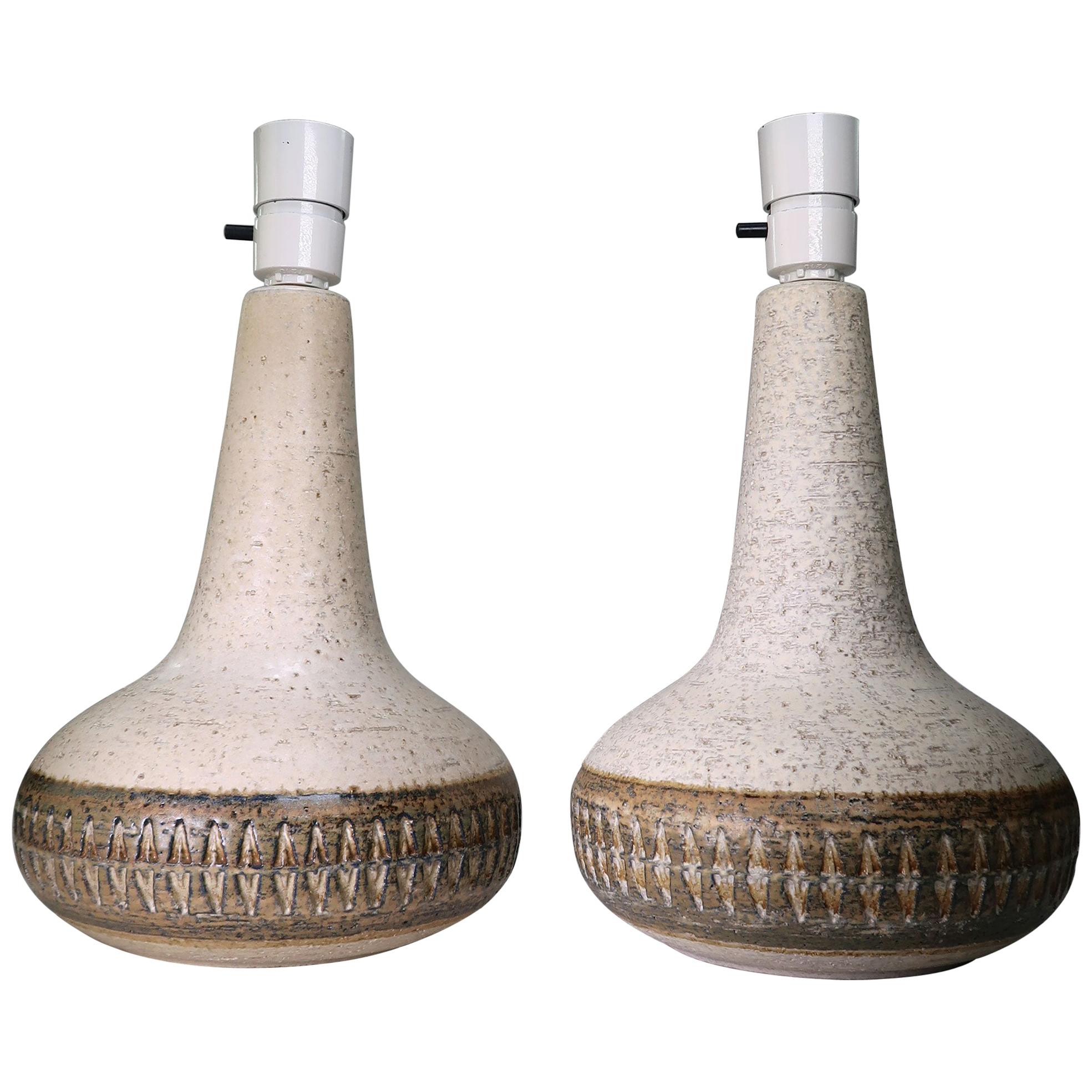 Søholm 1960s Handmade Danish Cream White, Brown Stoneware Table Lamps