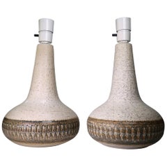 Søholm 1960s Handmade Danish Cream White, Brown Stoneware Table Lamps