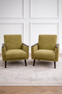 Pair of 1960s Scandinavian Modern Lounge Chairs in Moss Bouclé and Ebonized Arms