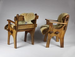 Pair of 1960s Scandinavian Teak Armchairs with Sheepskin