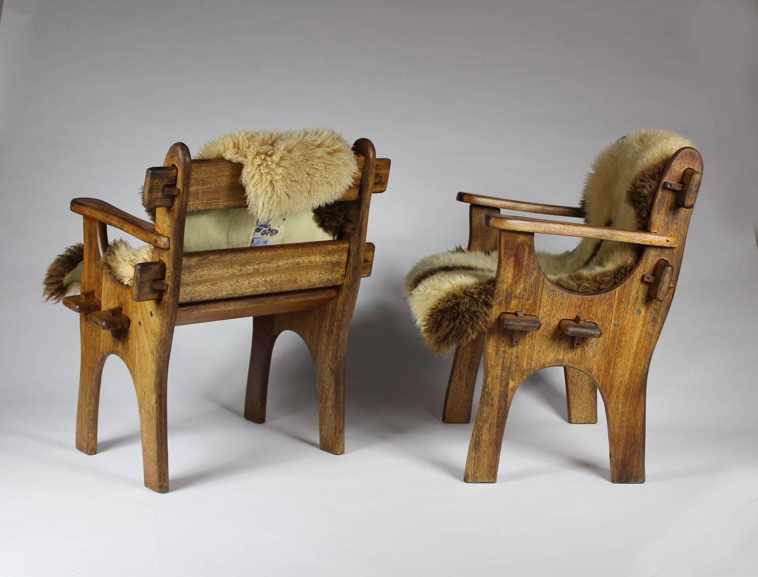 20th Century Pair of 1960s Scandinavian Teak Armchairs with Sheepskin