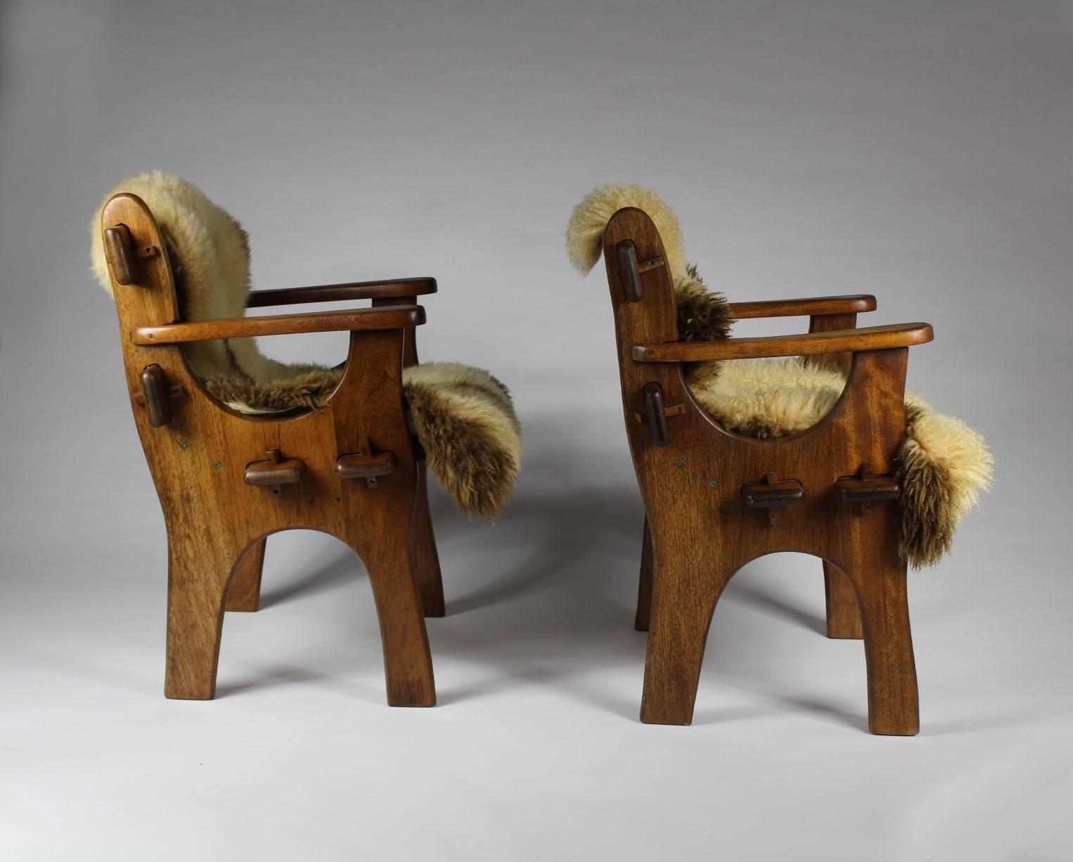 Pair of 1960s Scandinavian Teak Armchairs with Sheepskin 2