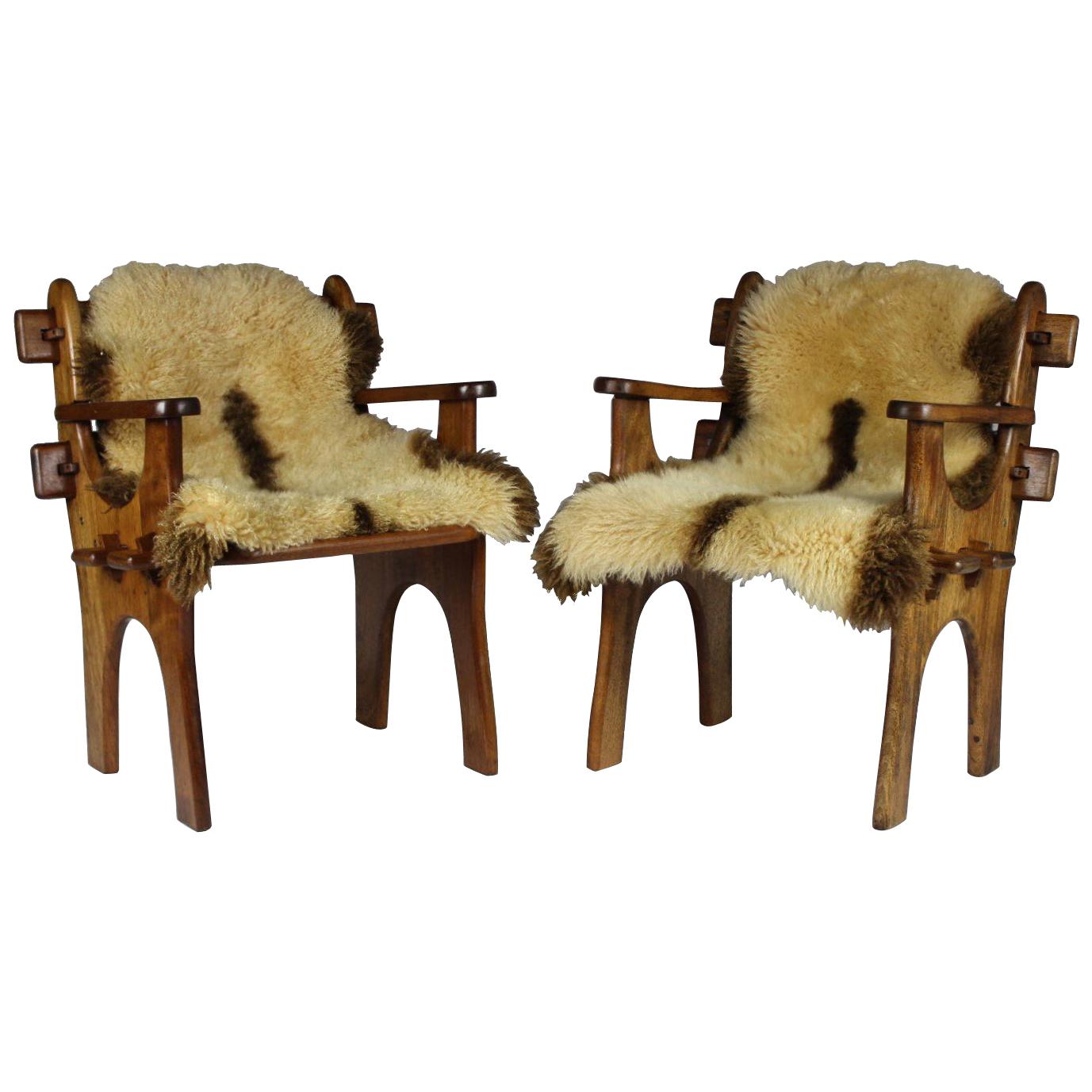 Pair of 1960s Scandinavian Teak Armchairs with Sheepskin