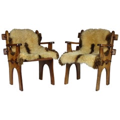 Pair of 1960s Scandinavian Teak Armchairs with Sheepskin