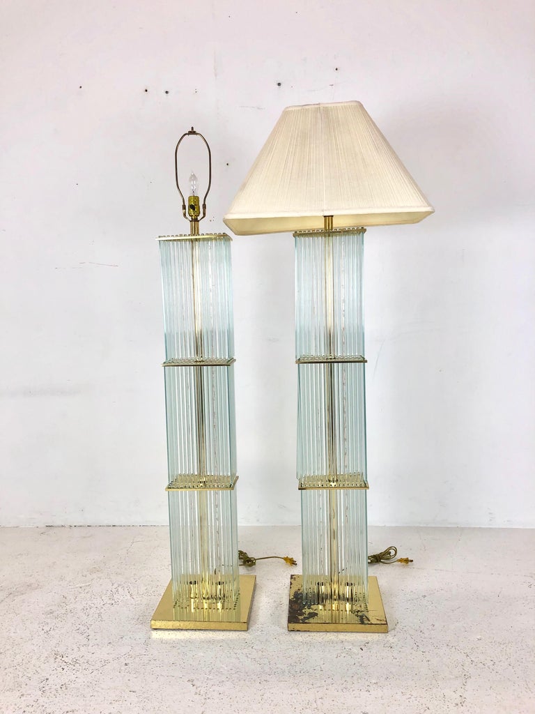 Hollywood Regency Pair of 1960s Sciolari Brass and Glass Rod Floor Lamps For Sale