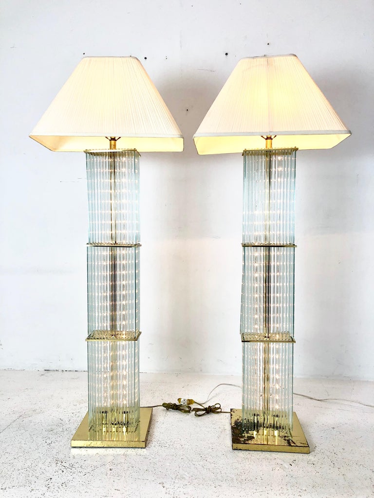 Plated Pair of 1960s Sciolari Brass and Glass Rod Floor Lamps For Sale