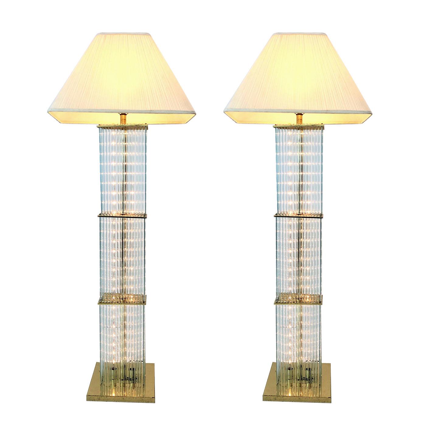 Pair of 1960s Sciolari Brass and Glass Rod Floor Lamps